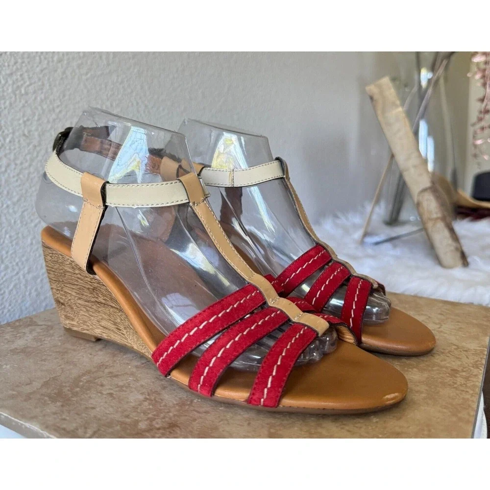 Paul Green Sandals Womens UK 6 US 8.5 T Strap Genuine Leather Strappy Wedge Red